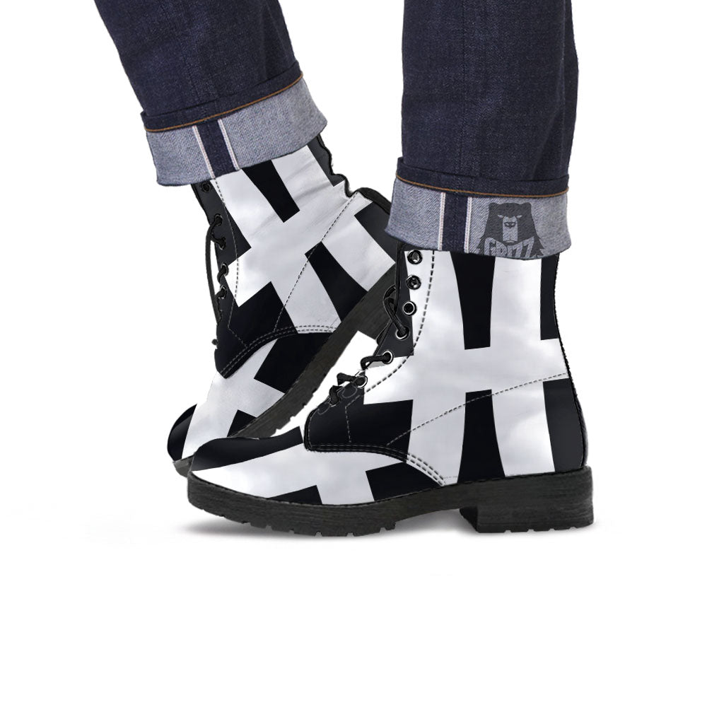 White And Black Pisces Sign Print Leather Boots-grizzshop