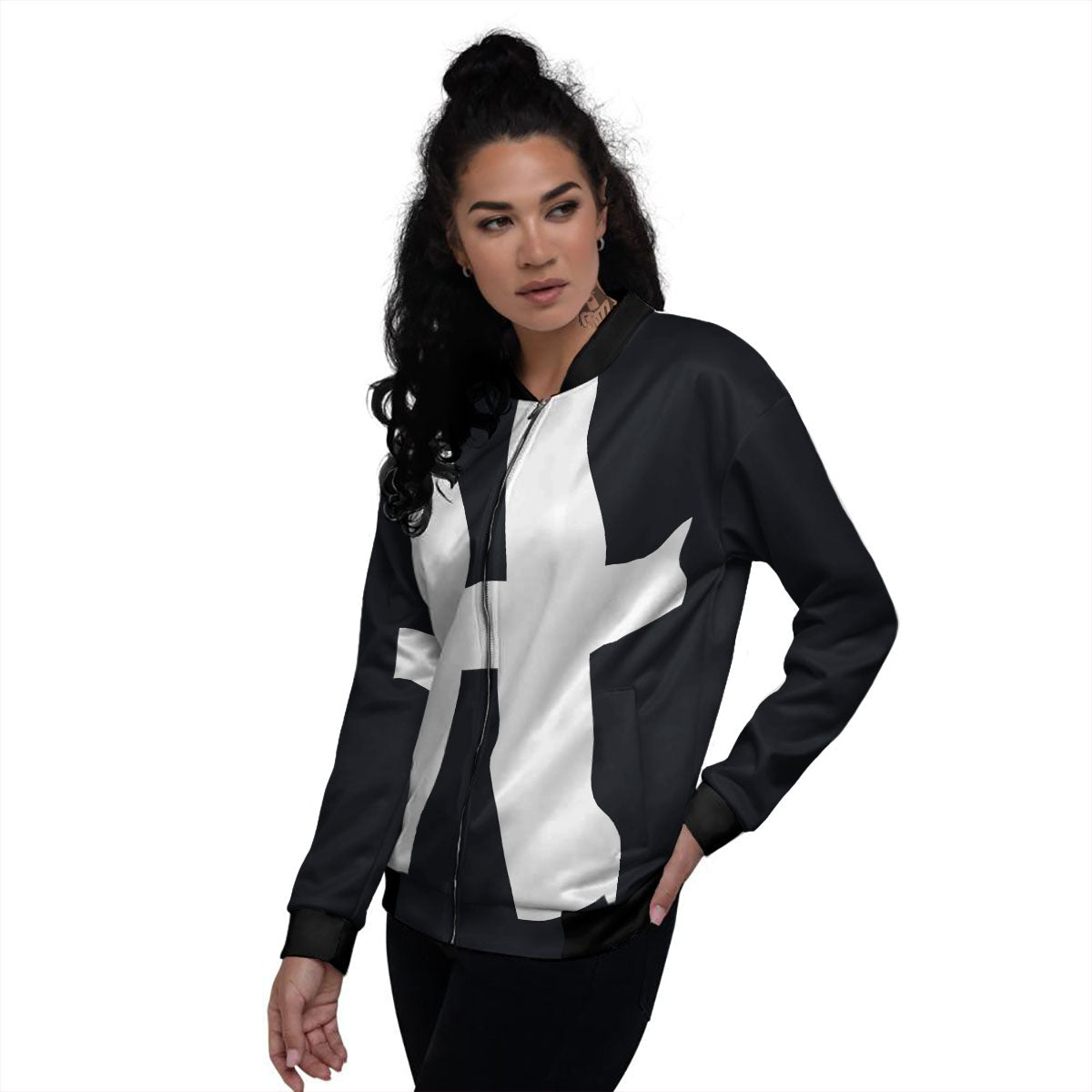 White And Black Pisces Sign Print Women's Bomber Jacket-grizzshop