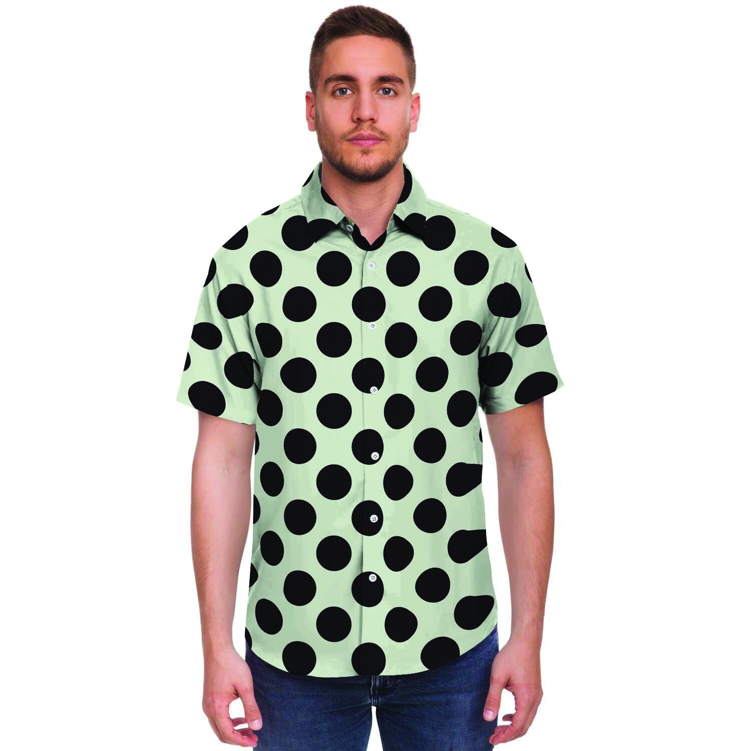 White And Black Polka Dot Print Men's Short Sleeve Shirt-grizzshop