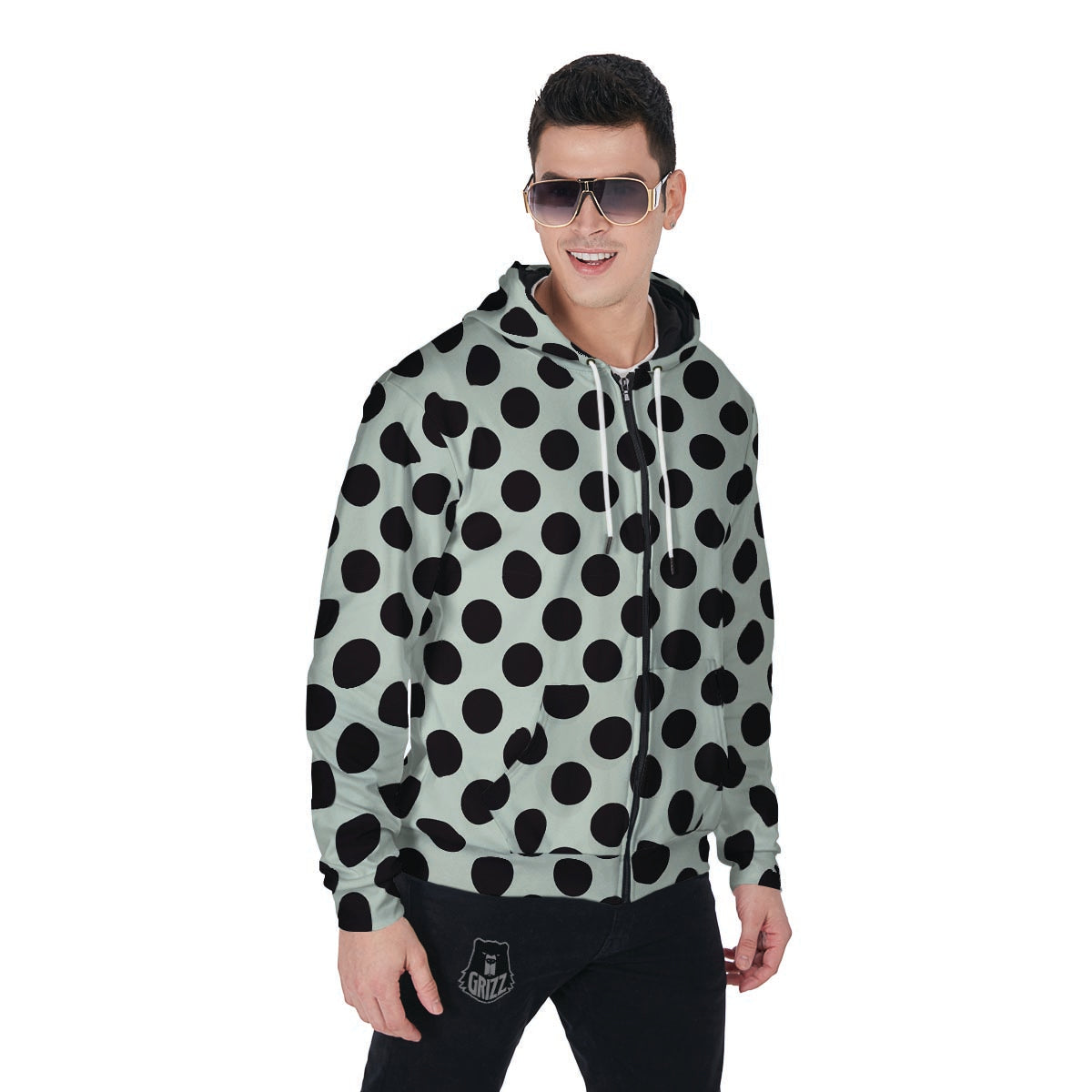 White And Black Polka Dot Print Men's Zip Up Hoodie-grizzshop