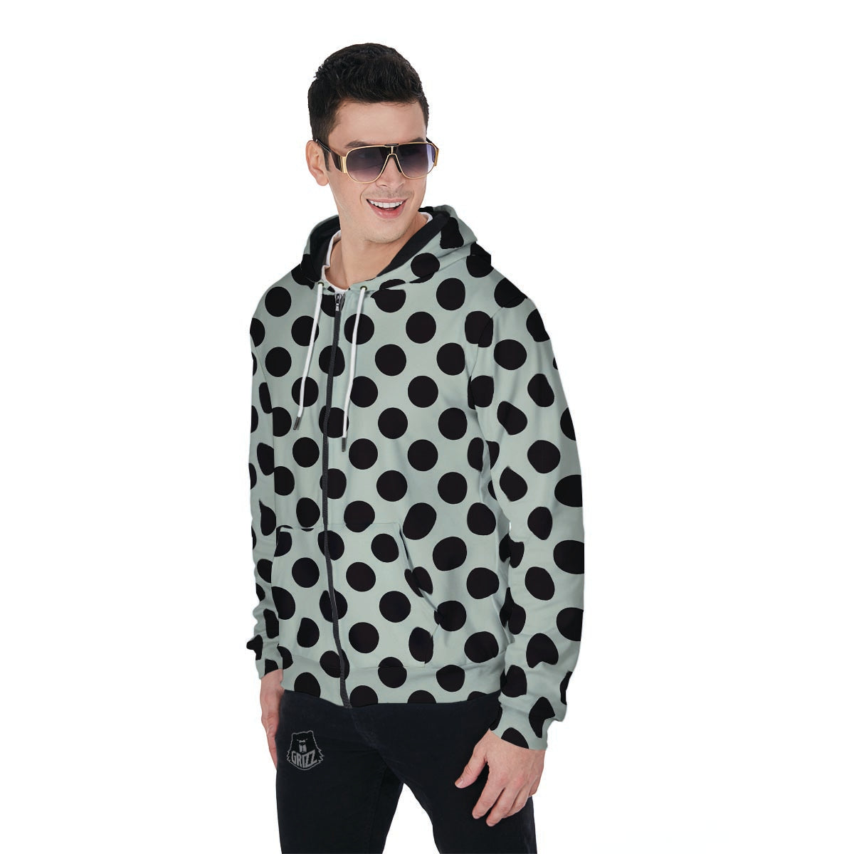 White And Black Polka Dot Print Men's Zip Up Hoodie-grizzshop
