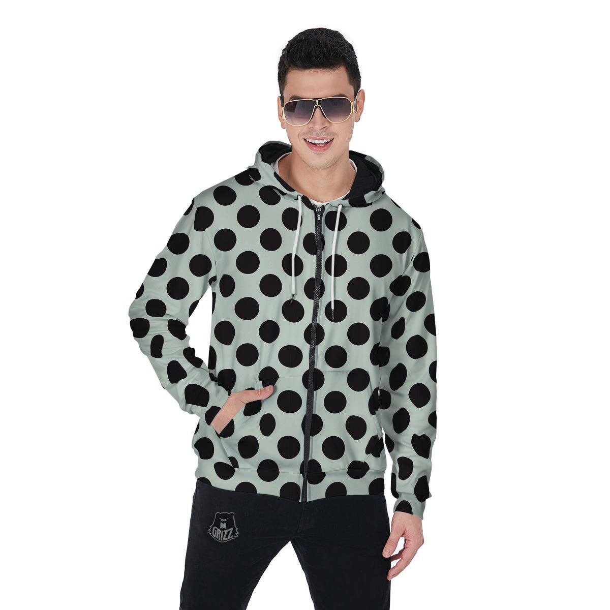 White And Black Polka Dot Print Men's Zip Up Hoodie-grizzshop