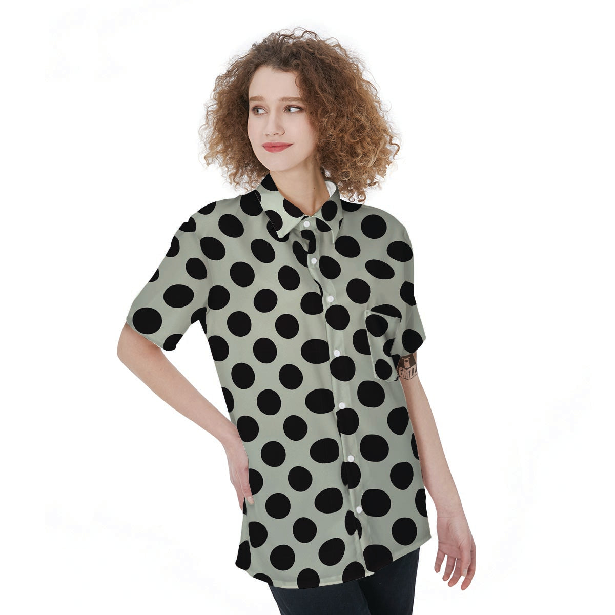 White And Black Polka Dot Print Women's Short Sleeve Shirts-grizzshop