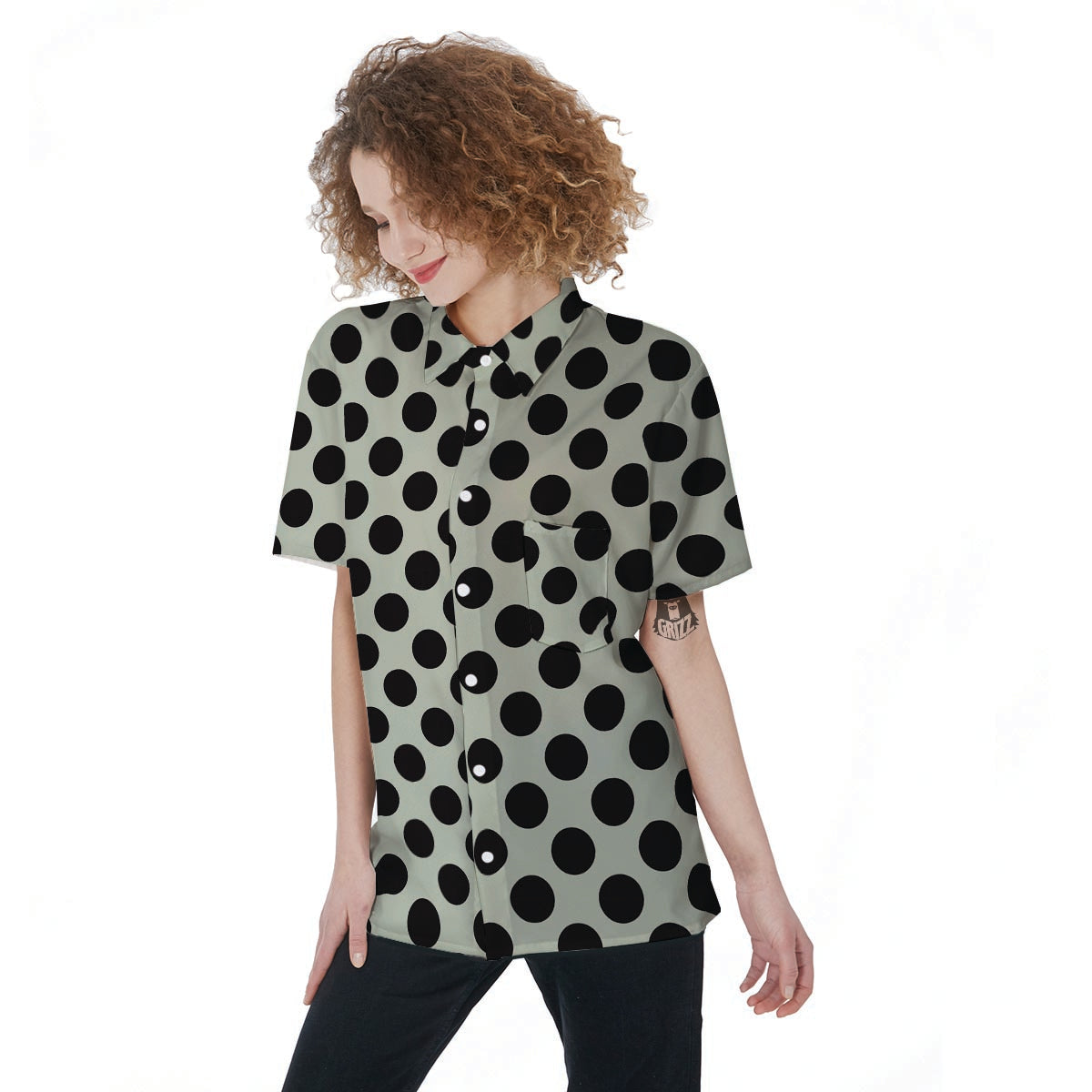 White And Black Polka Dot Print Women's Short Sleeve Shirts-grizzshop