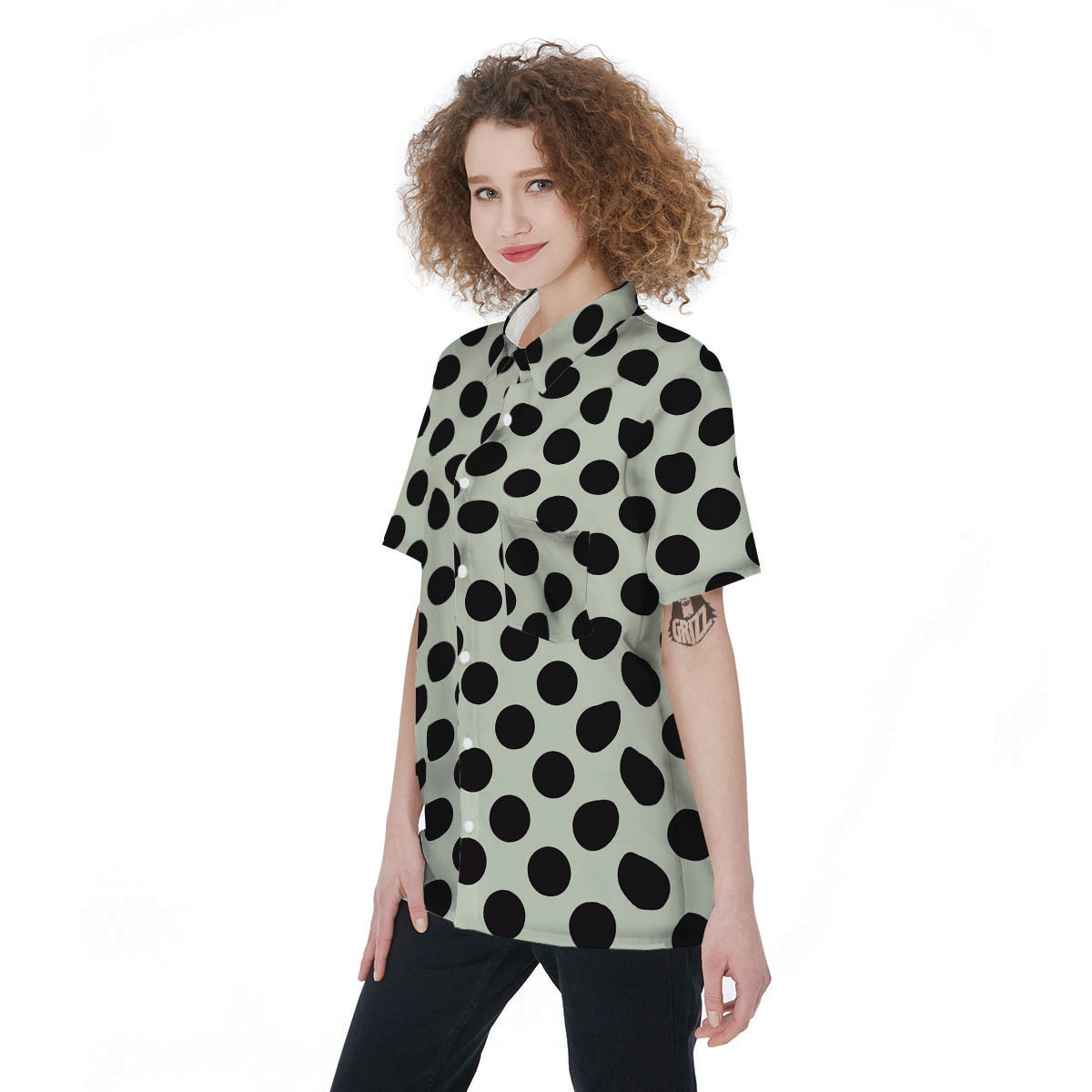 White And Black Polka Dot Print Women's Short Sleeve Shirts-grizzshop