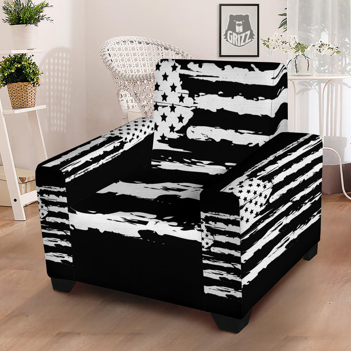 White And Black USA Flag Print Armchair Slipcover-grizzshop