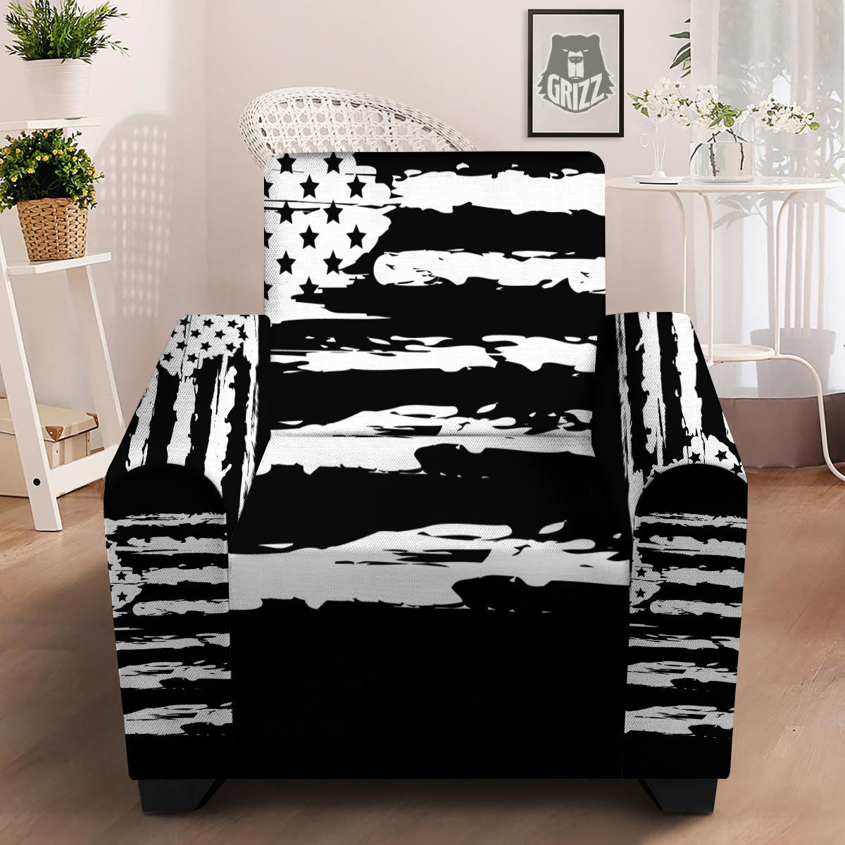 White And Black USA Flag Print Armchair Slipcover-grizzshop