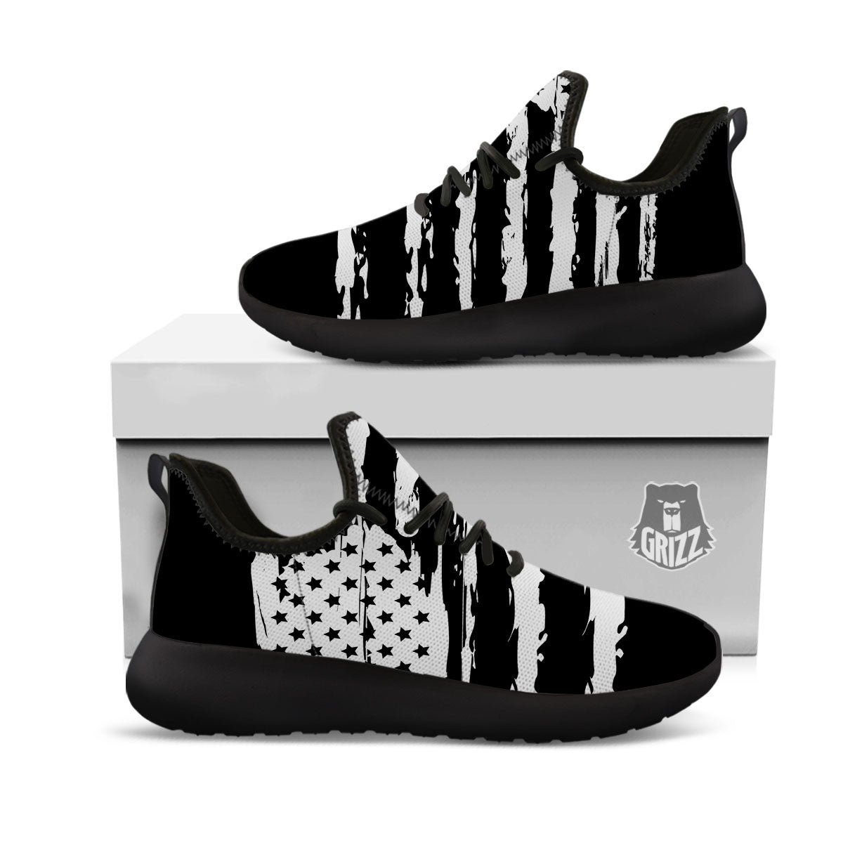 White And Black USA Flag Print Black Athletic Shoes-grizzshop