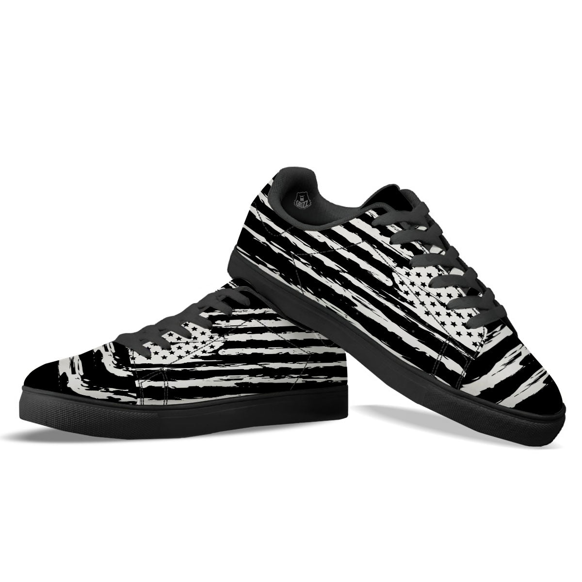 White And Black USA Flag Print Black Low Top Sneakers-grizzshop