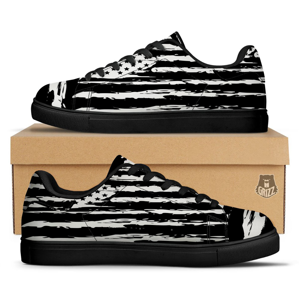 White And Black USA Flag Print Black Low Top Sneakers-grizzshop