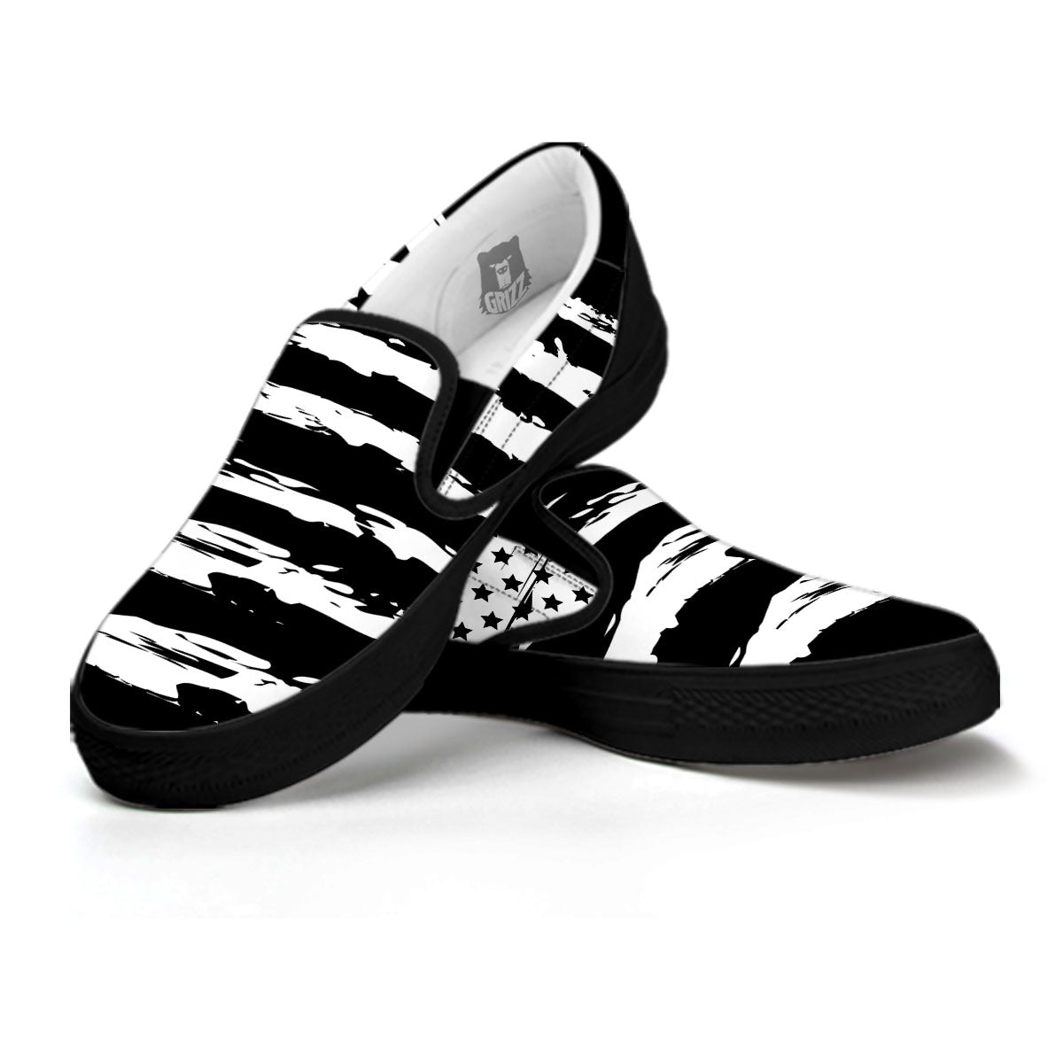 White And Black USA Flag Print Black Slip On Shoes-grizzshop