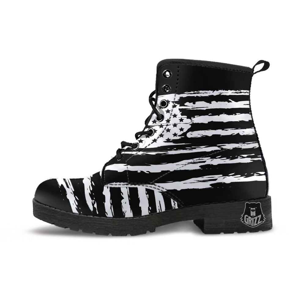 White And Black USA Flag Print Leather Boots-grizzshop