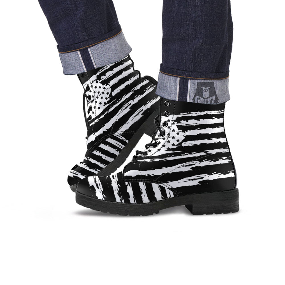 White And Black USA Flag Print Leather Boots-grizzshop