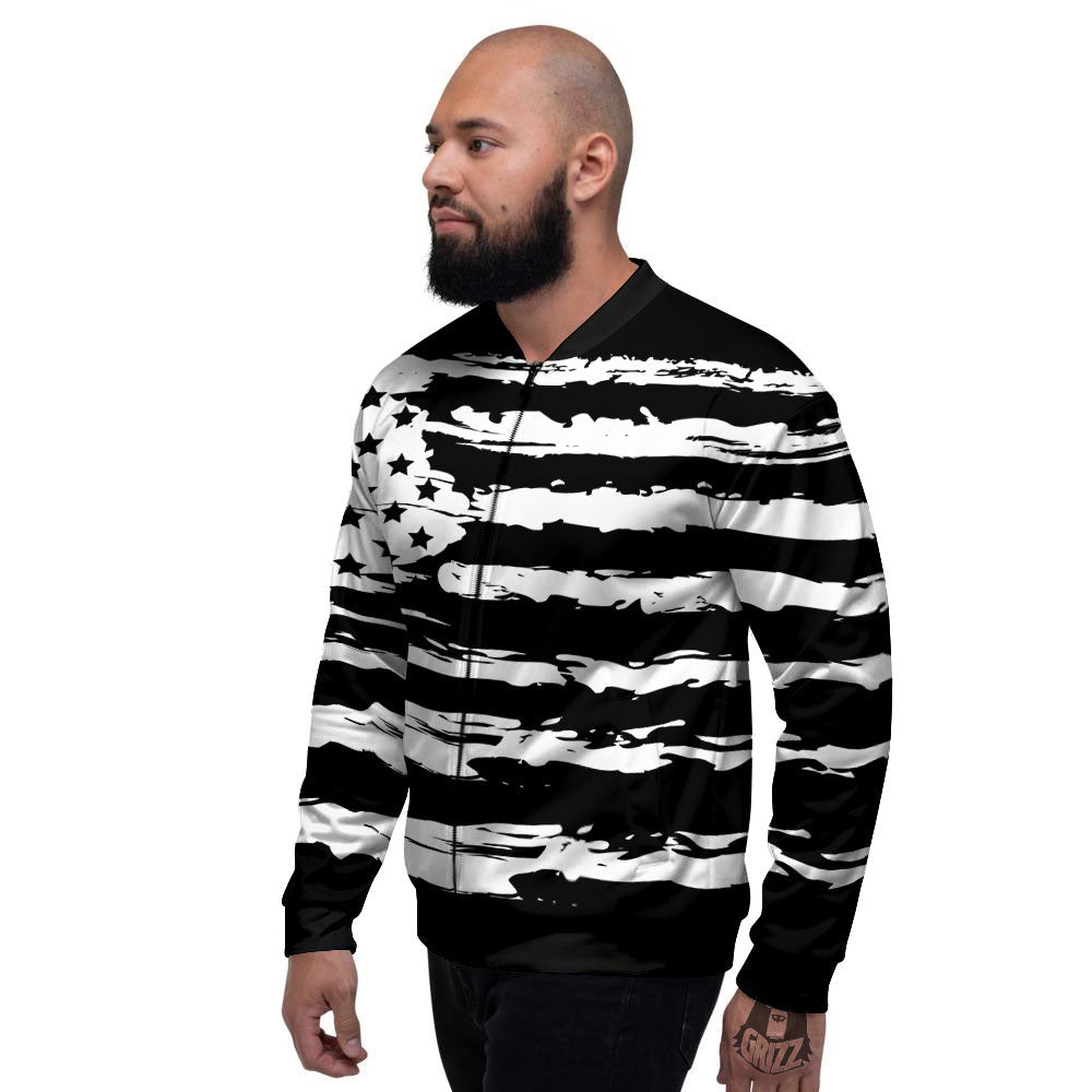 White And Black USA Flag Print Men's Bomber Jacket-grizzshop