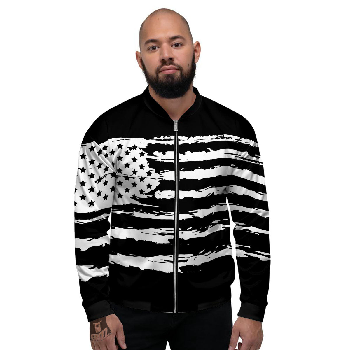 White And Black USA Flag Print Men's Bomber Jacket-grizzshop