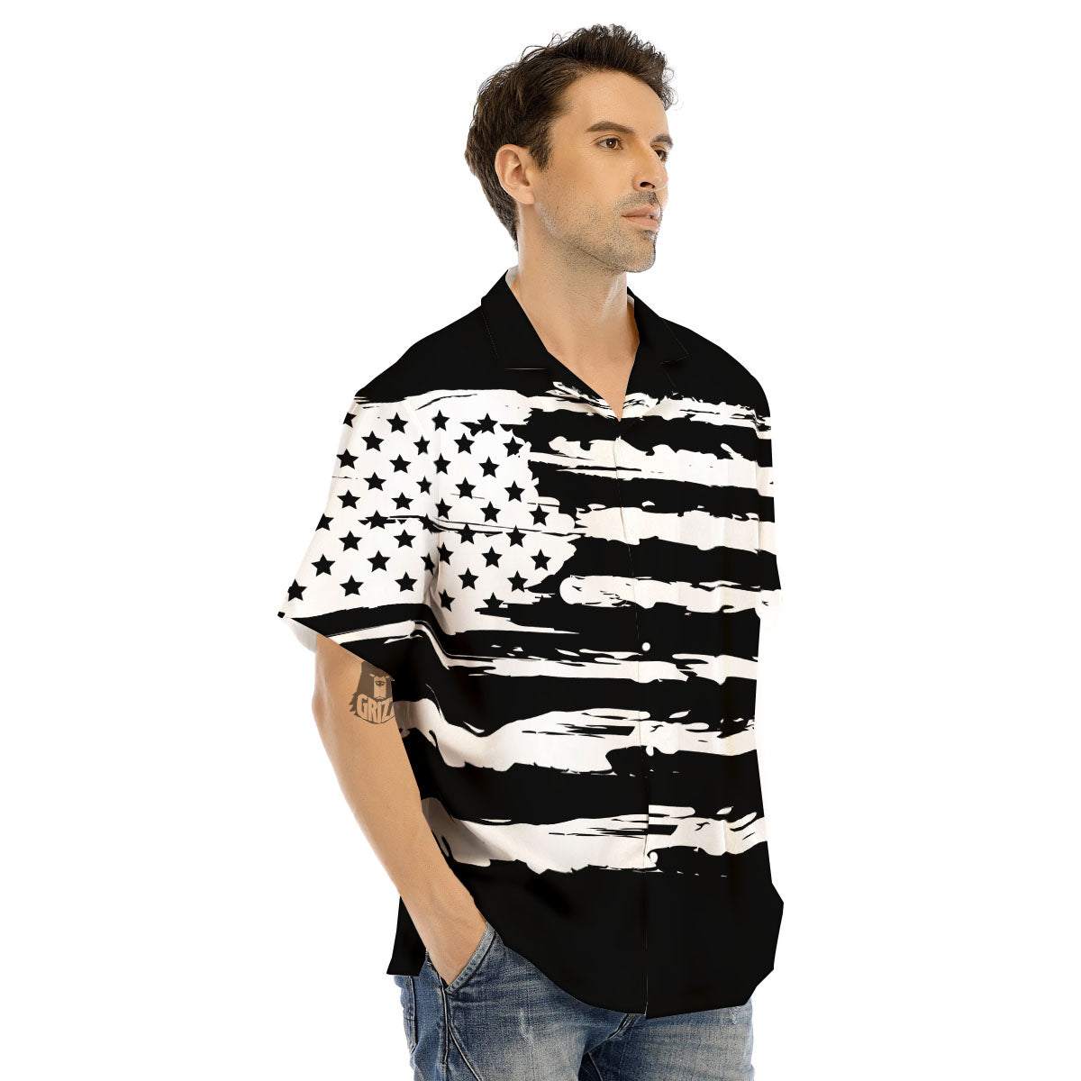 White And Black USA Flag Print Men's Hawaiian Shirt-grizzshop