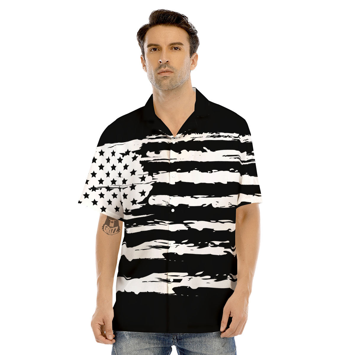 White And Black USA Flag Print Men's Hawaiian Shirt-grizzshop