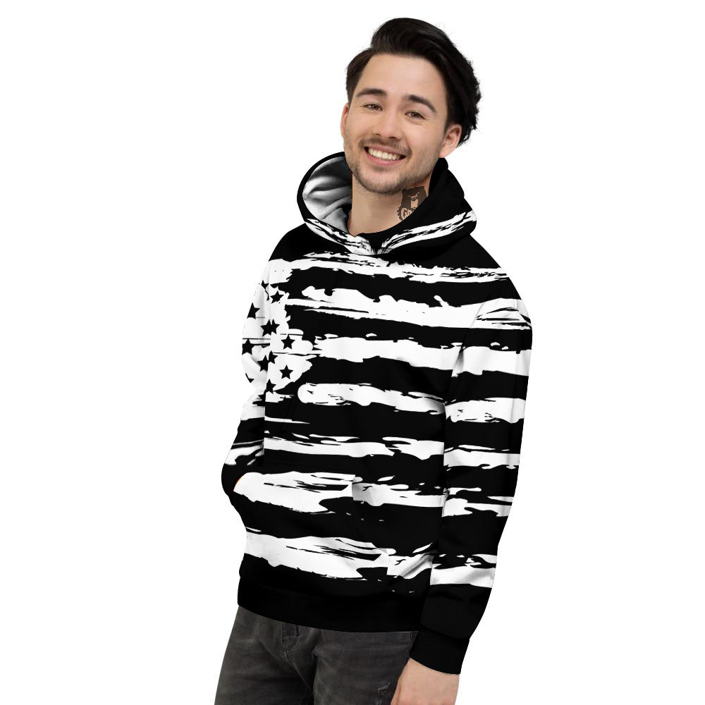 White And Black USA Flag Print Men's Hoodie-grizzshop