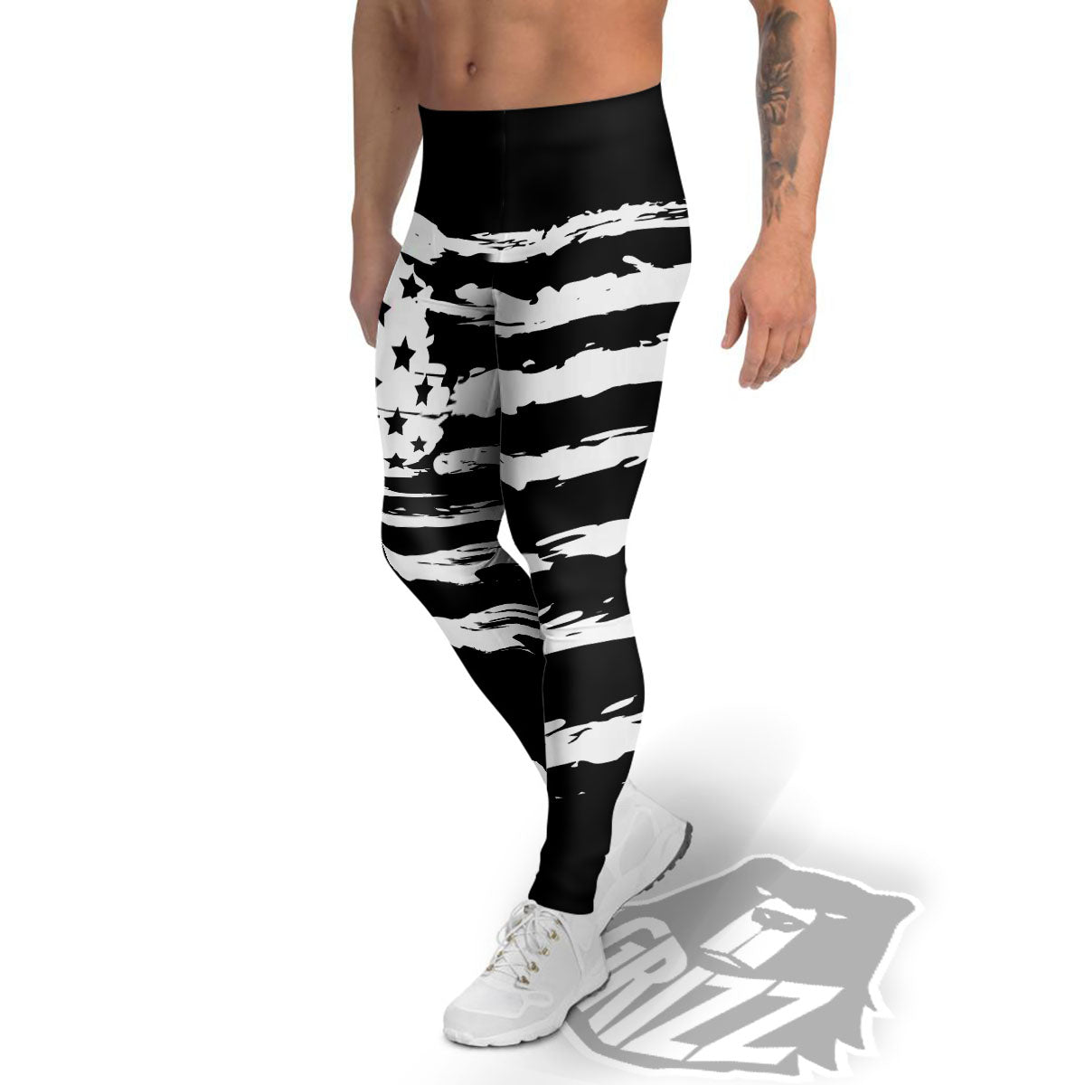 White And Black USA Flag Print Men's Leggings-grizzshop