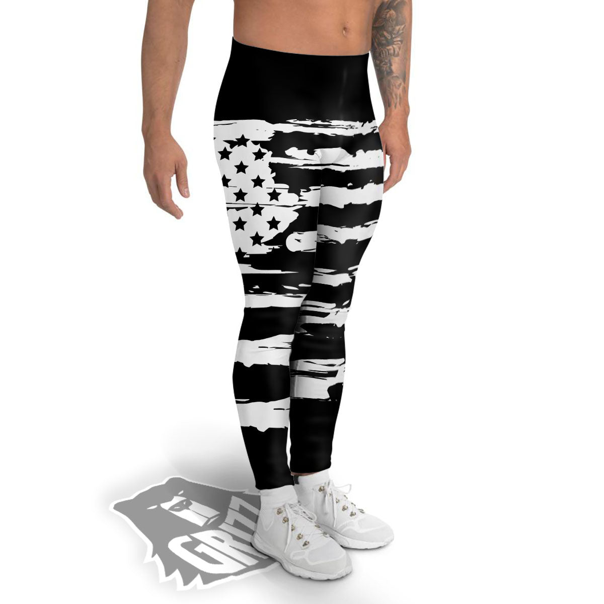 White And Black USA Flag Print Men's Leggings-grizzshop