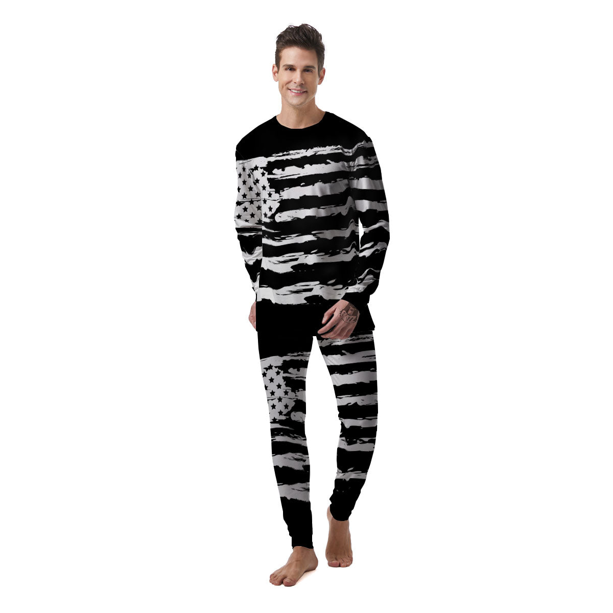 White And Black USA Flag Print Men's Pajamas-grizzshop