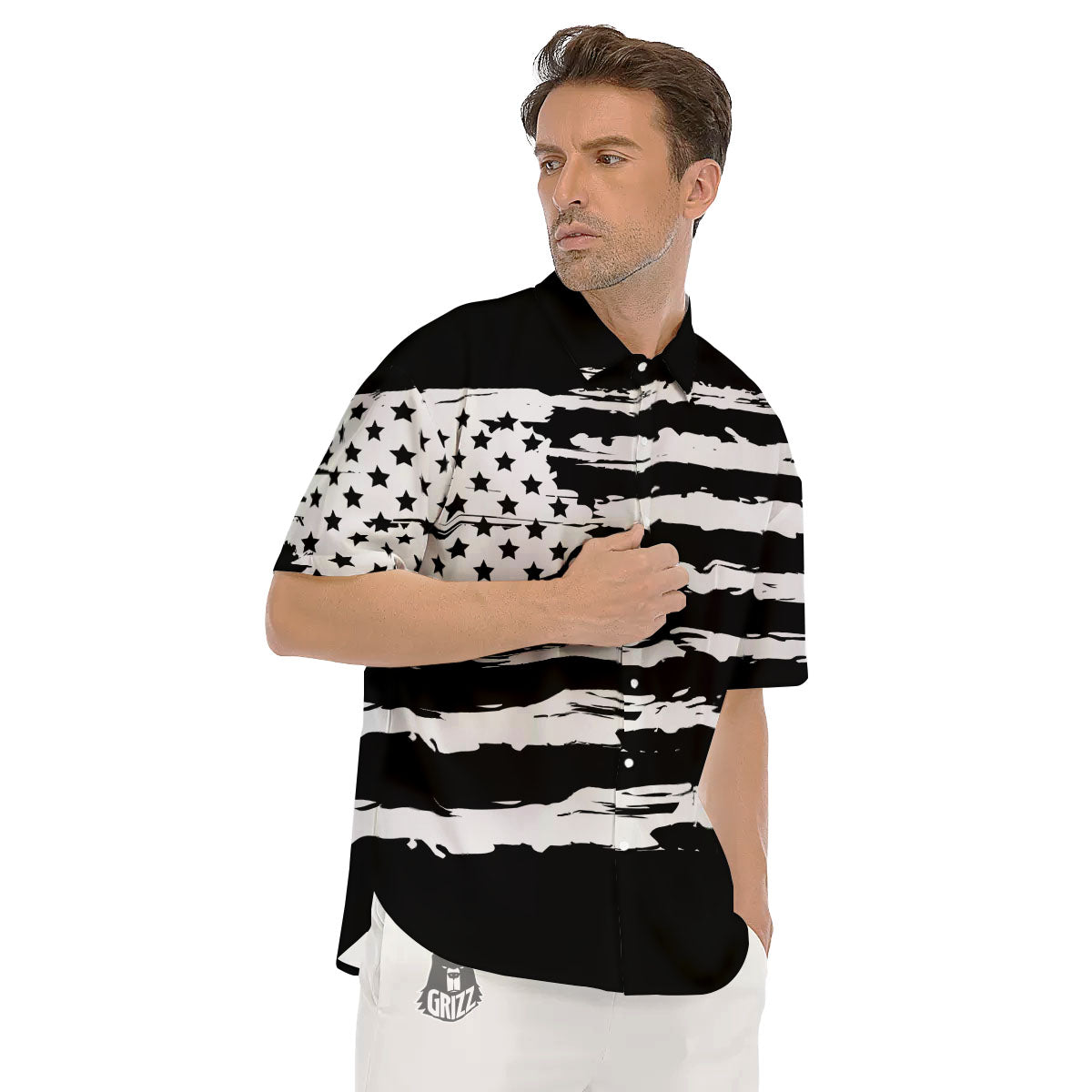 White And Black USA Flag Print Men's Short Sleeve Shirts-grizzshop