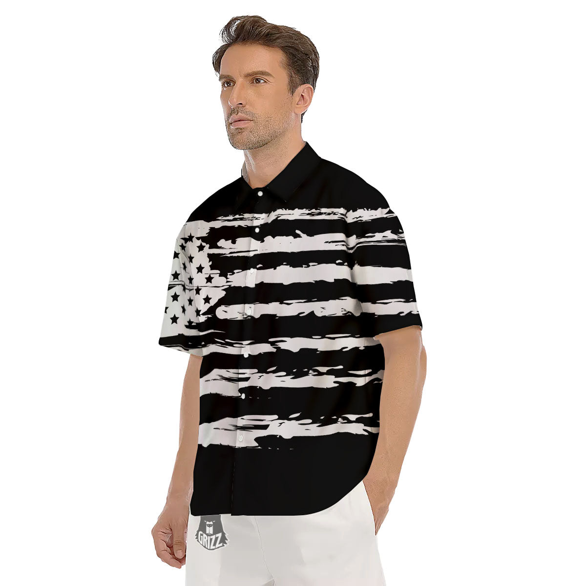 White And Black USA Flag Print Men's Short Sleeve Shirts-grizzshop