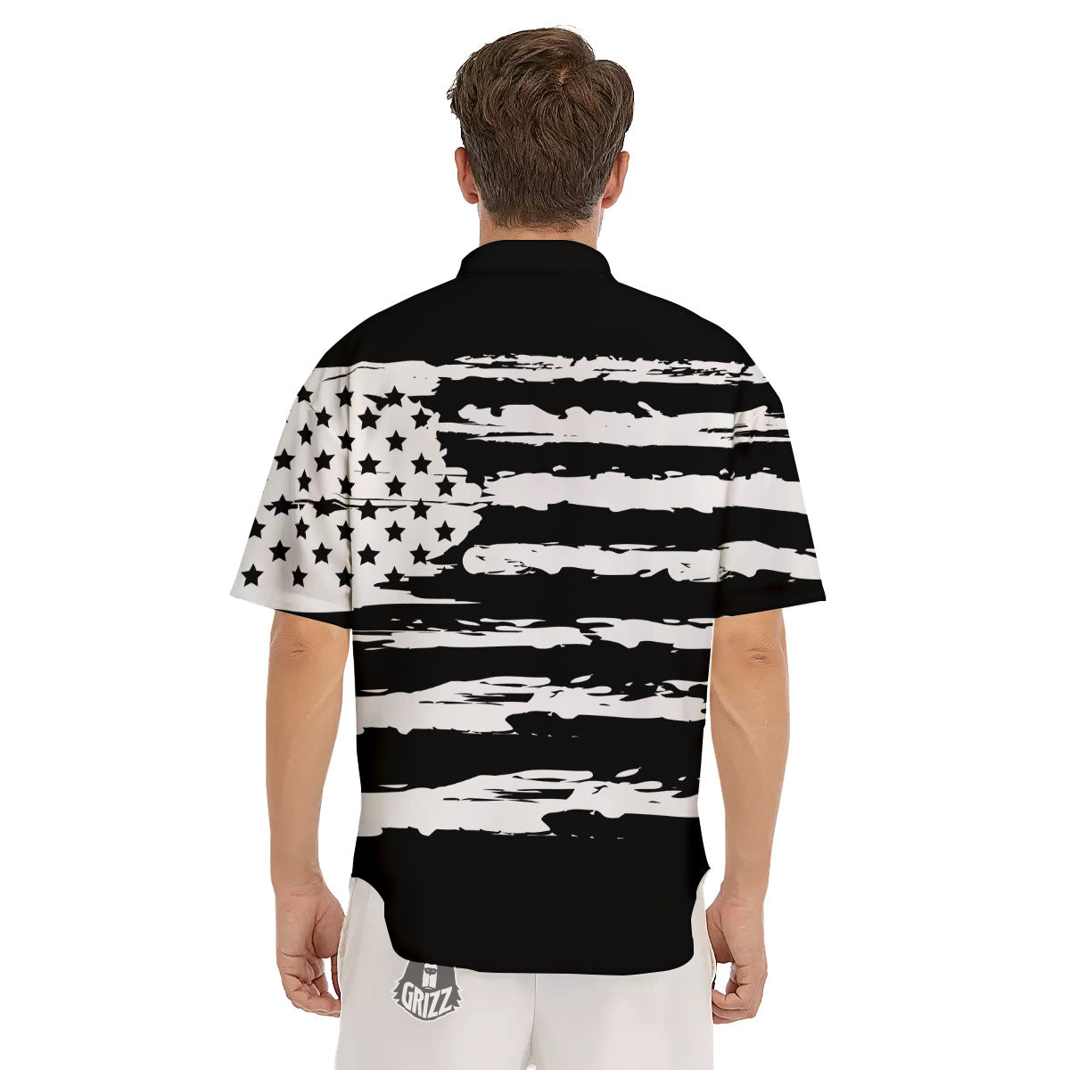 White And Black USA Flag Print Men's Short Sleeve Shirts-grizzshop