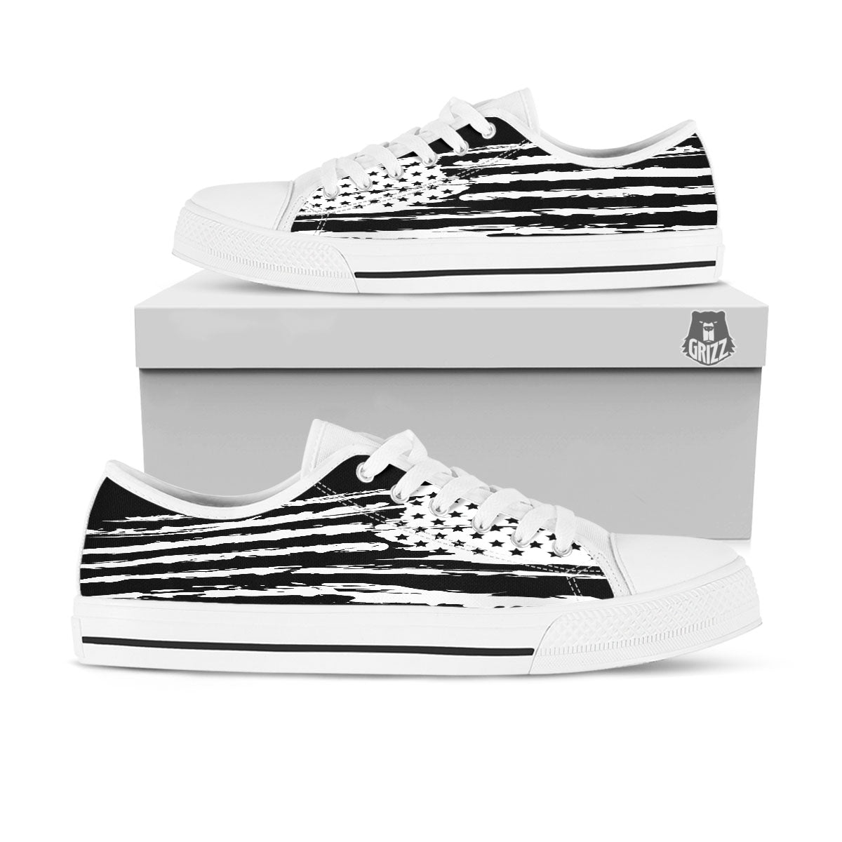 White And Black USA Flag Print White Low Top Shoes-grizzshop