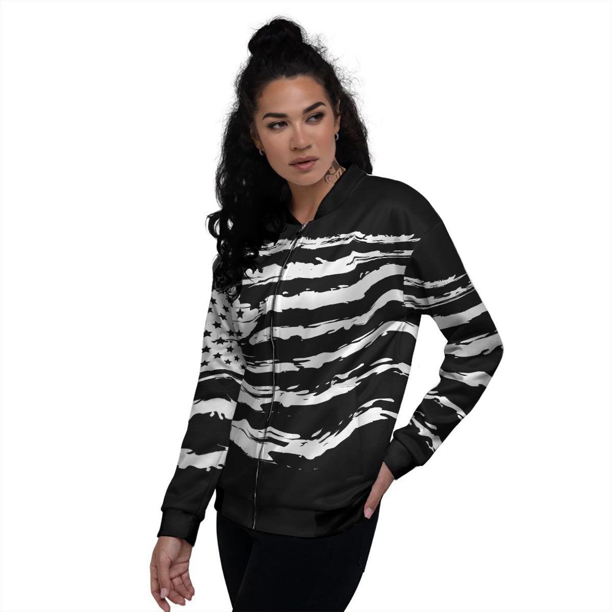 White And Black USA Flag Print Women's Bomber Jacket-grizzshop