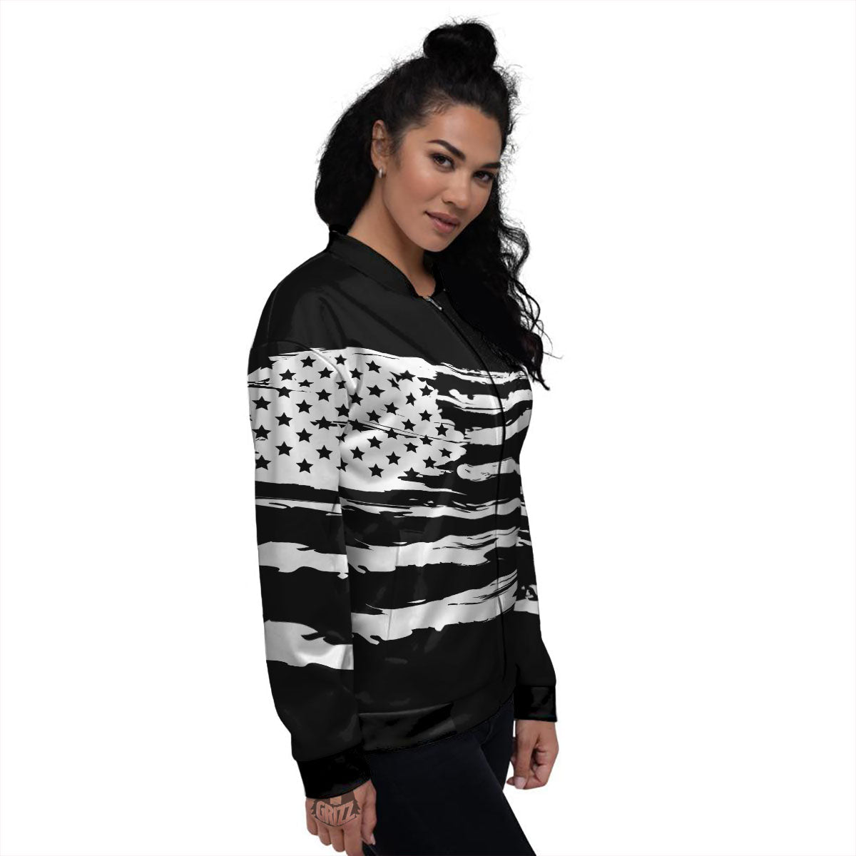 White And Black USA Flag Print Women's Bomber Jacket-grizzshop