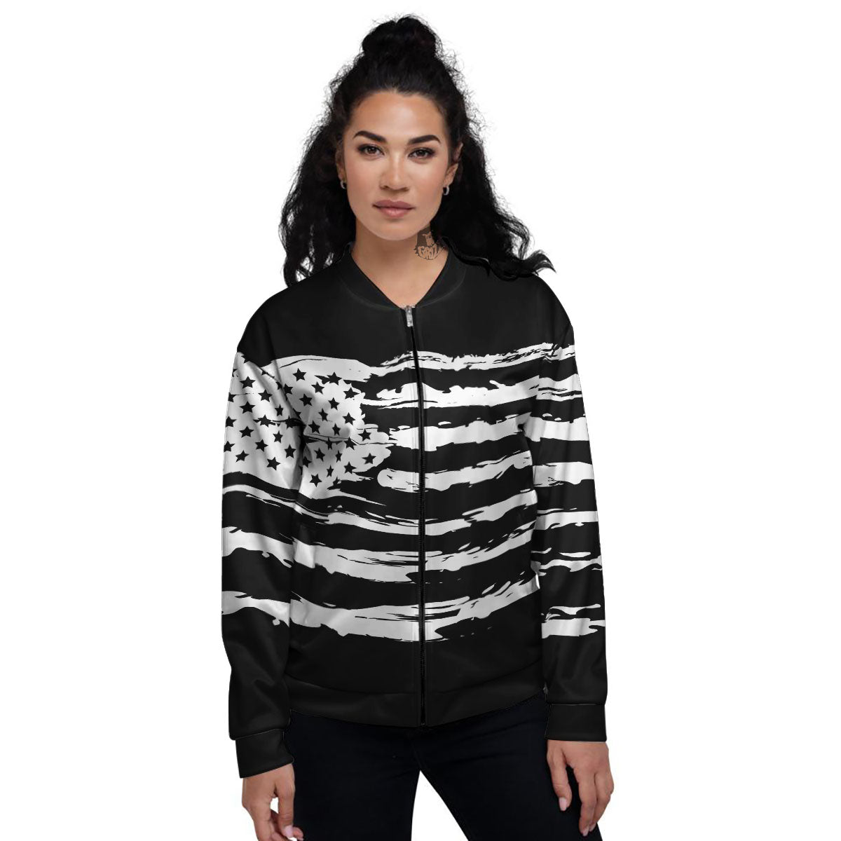 White And Black USA Flag Print Women's Bomber Jacket-grizzshop