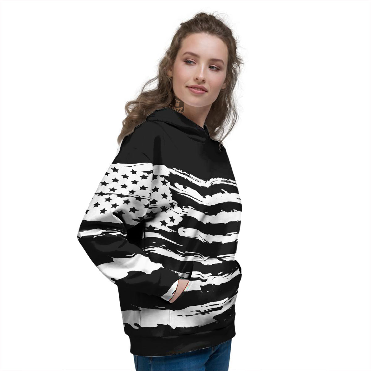 White And Black USA Flag Print Women's Hoodie-grizzshop