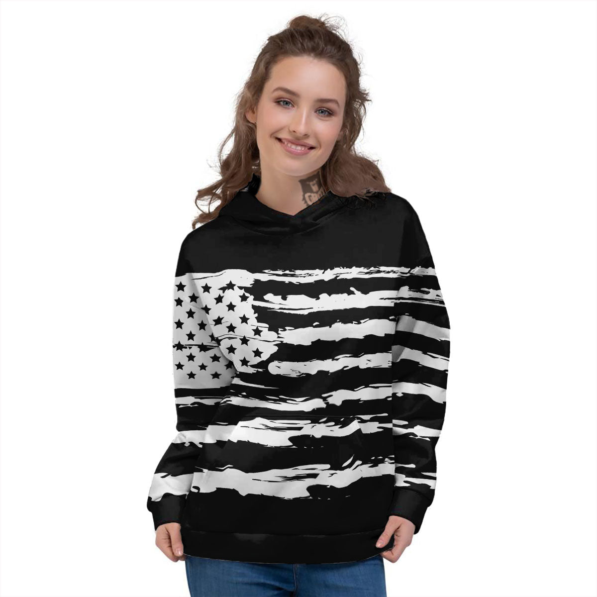 White And Black USA Flag Print Women's Hoodie-grizzshop