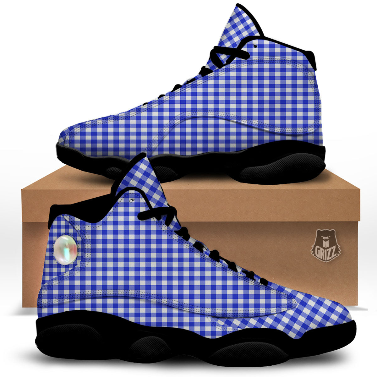 White And Blue Check Print Pattern Black Basketball Shoes-grizzshop