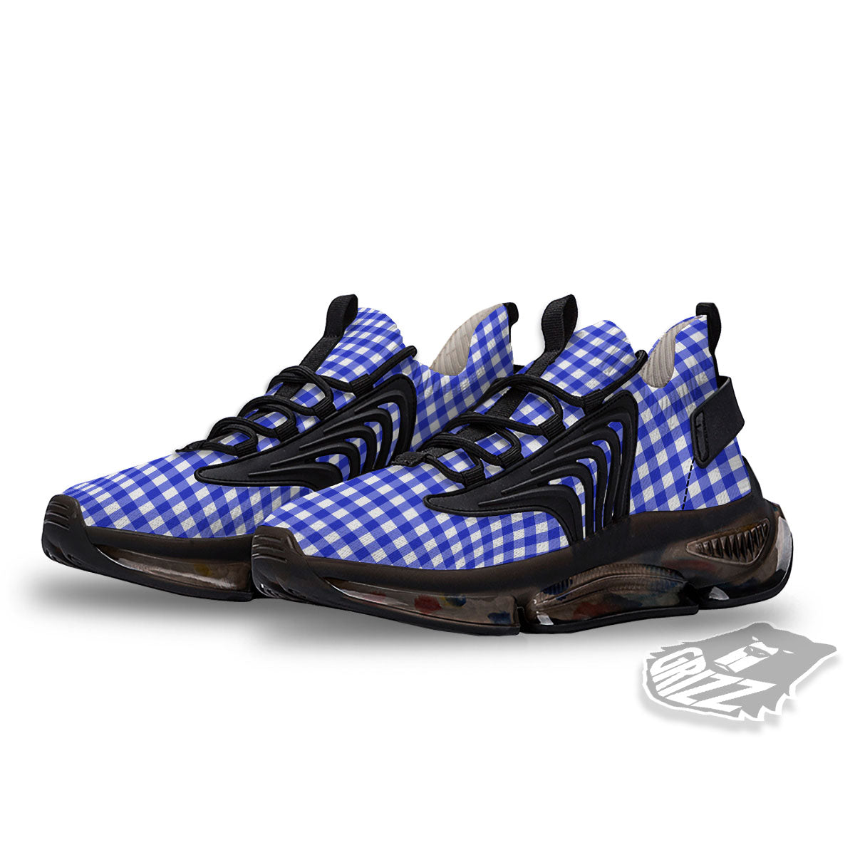 White And Blue Check Print Pattern Black Gym Shoes-grizzshop