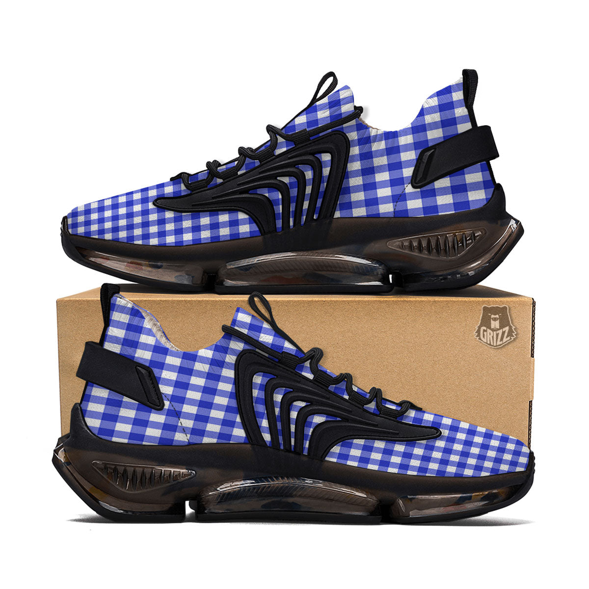 White And Blue Check Print Pattern Black Gym Shoes-grizzshop