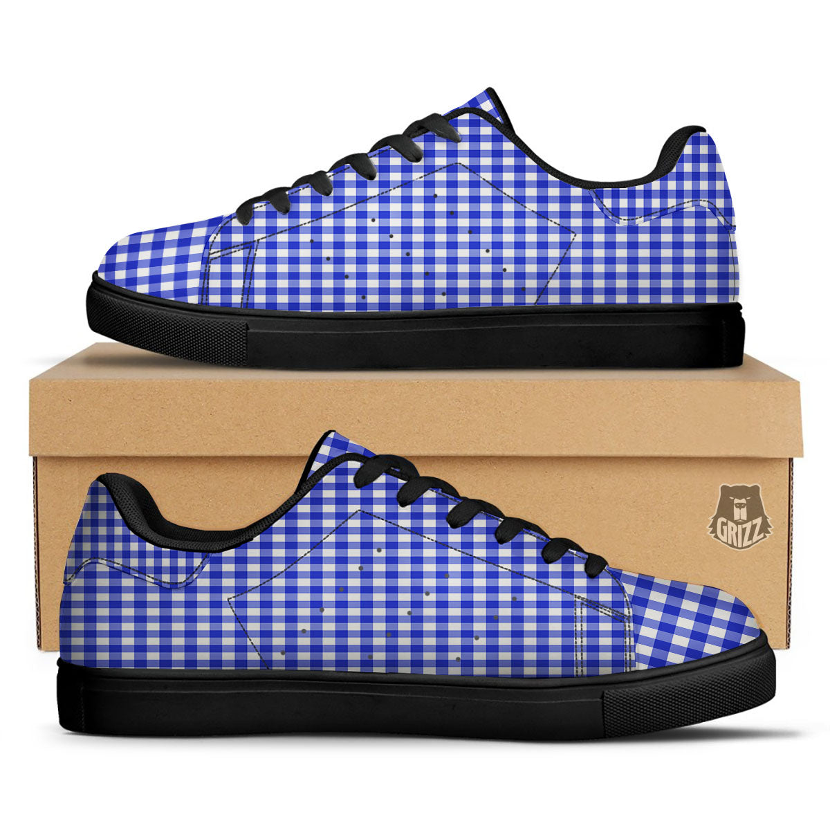 White And Blue Check Print Pattern Black Low Top Sneakers-grizzshop
