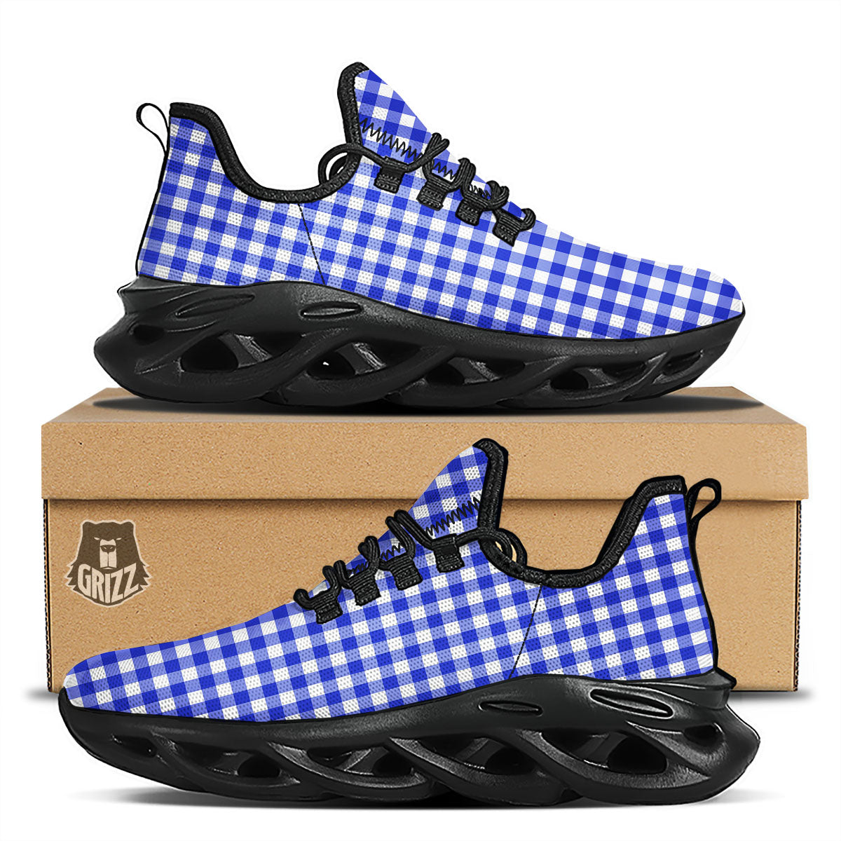 White And Blue Check Print Pattern Black Running Shoes-grizzshop