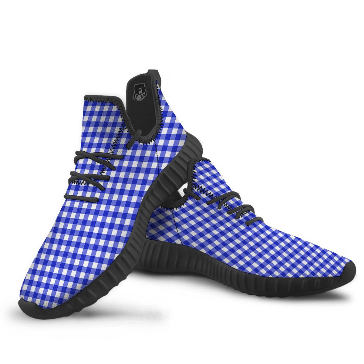 White And Blue Check Print Pattern Black Walking Shoes-grizzshop