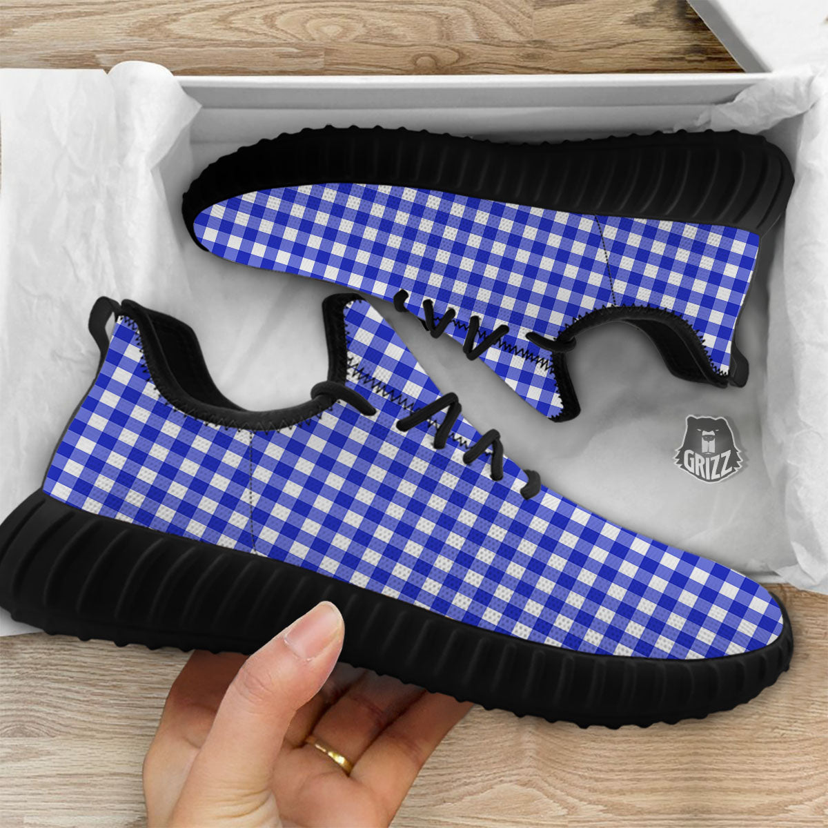 White And Blue Check Print Pattern Black Walking Shoes-grizzshop