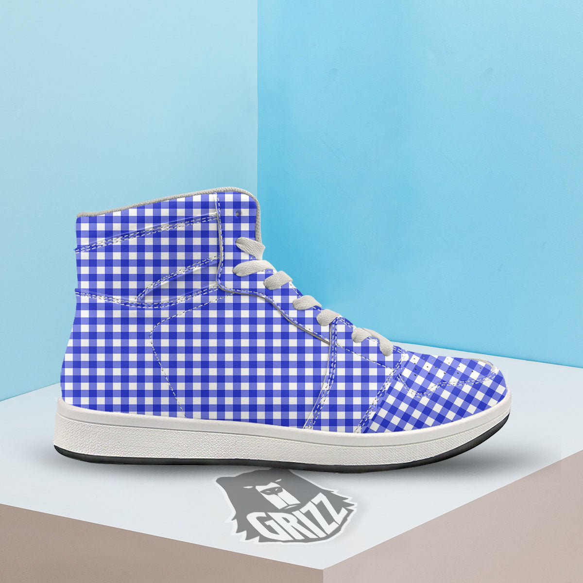 White And Blue Check Print Pattern High Top Sneakers-grizzshop