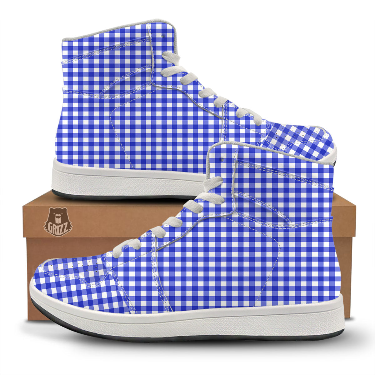 White And Blue Check Print Pattern High Top Sneakers-grizzshop