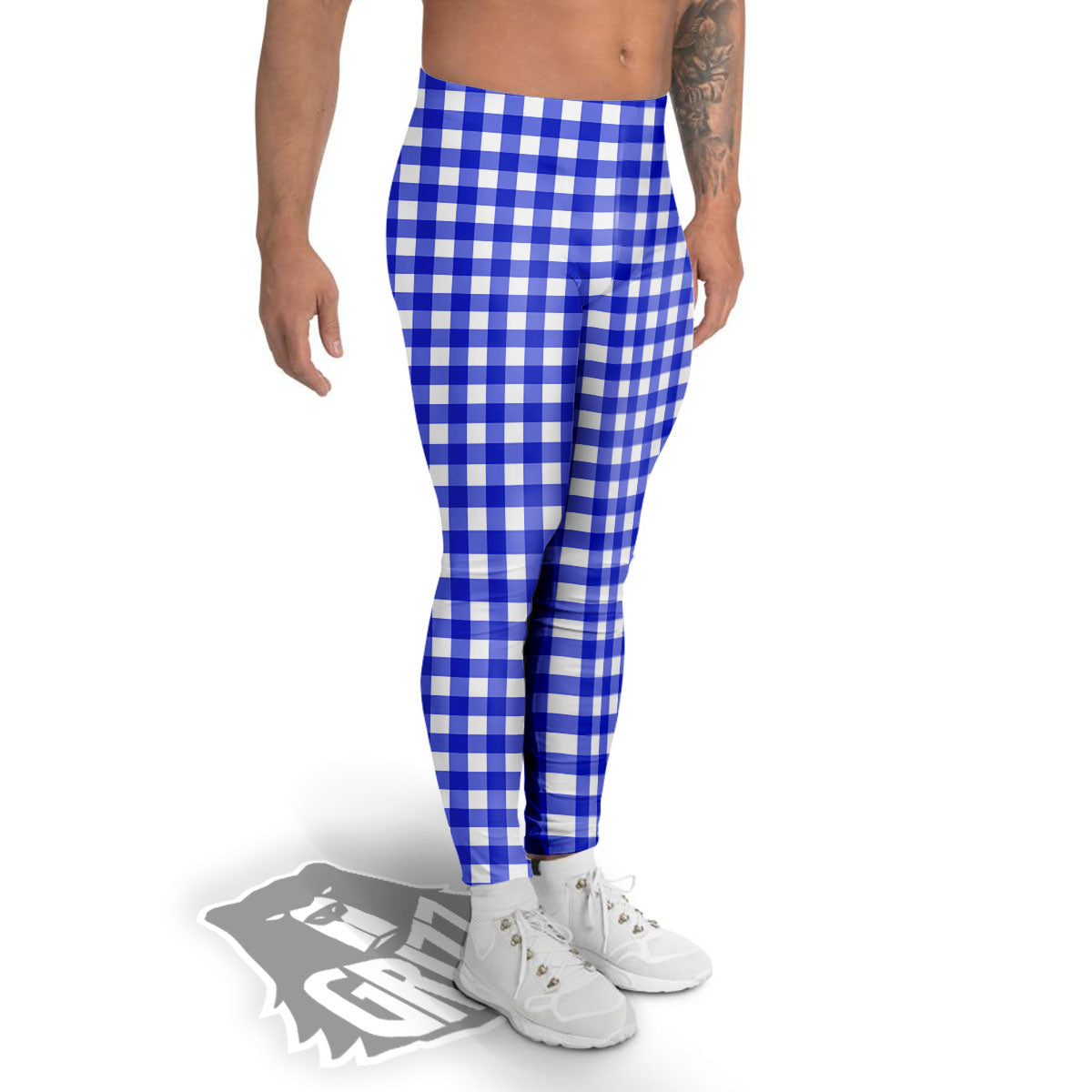 White And Blue Check Print Pattern Men's Leggings-grizzshop