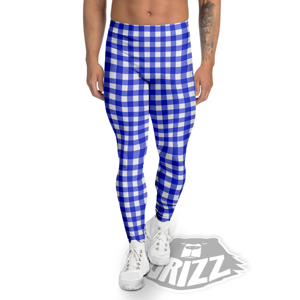 White And Blue Check Print Pattern Men's Leggings-grizzshop