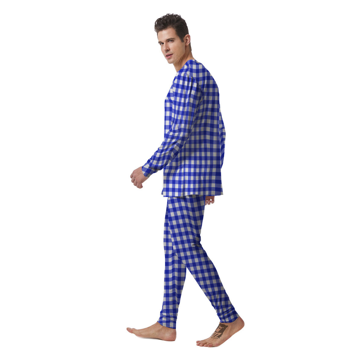 White And Blue Check Print Pattern Men's Pajamas-grizzshop