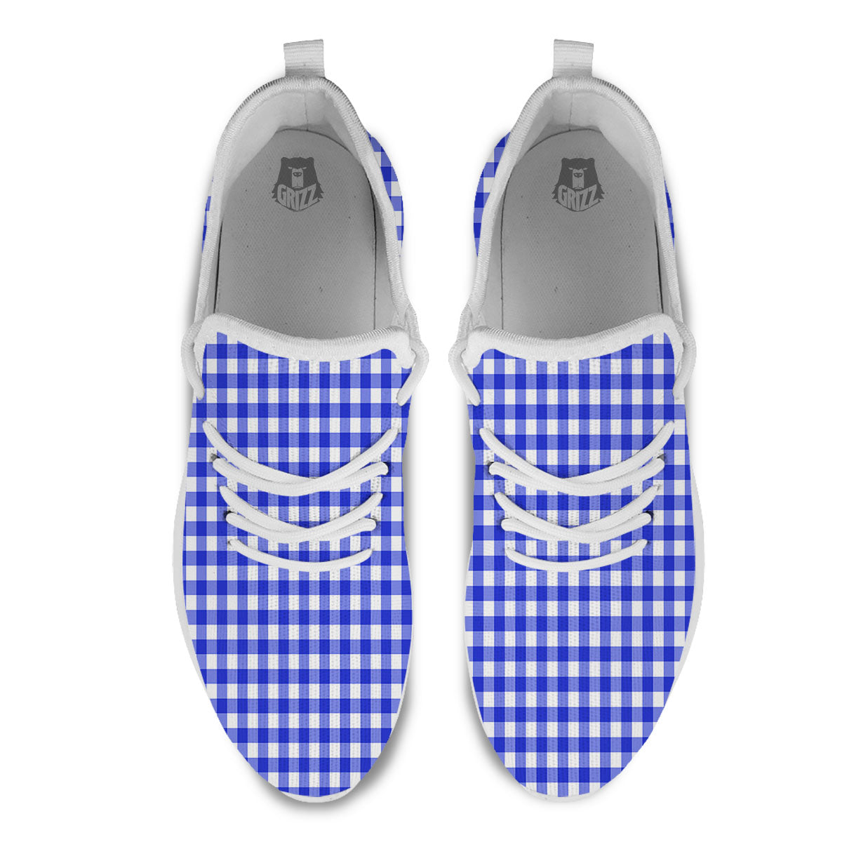 White And Blue Check Print Pattern White Athletic Shoes-grizzshop