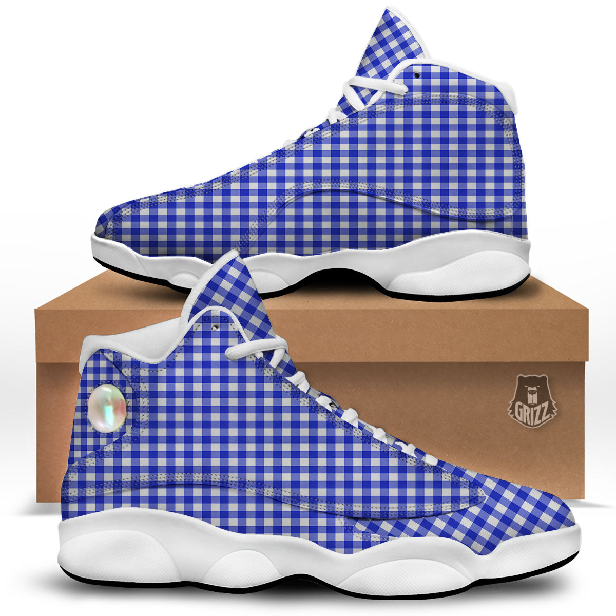 White And Blue Check Print Pattern White Basketball Shoes-grizzshop