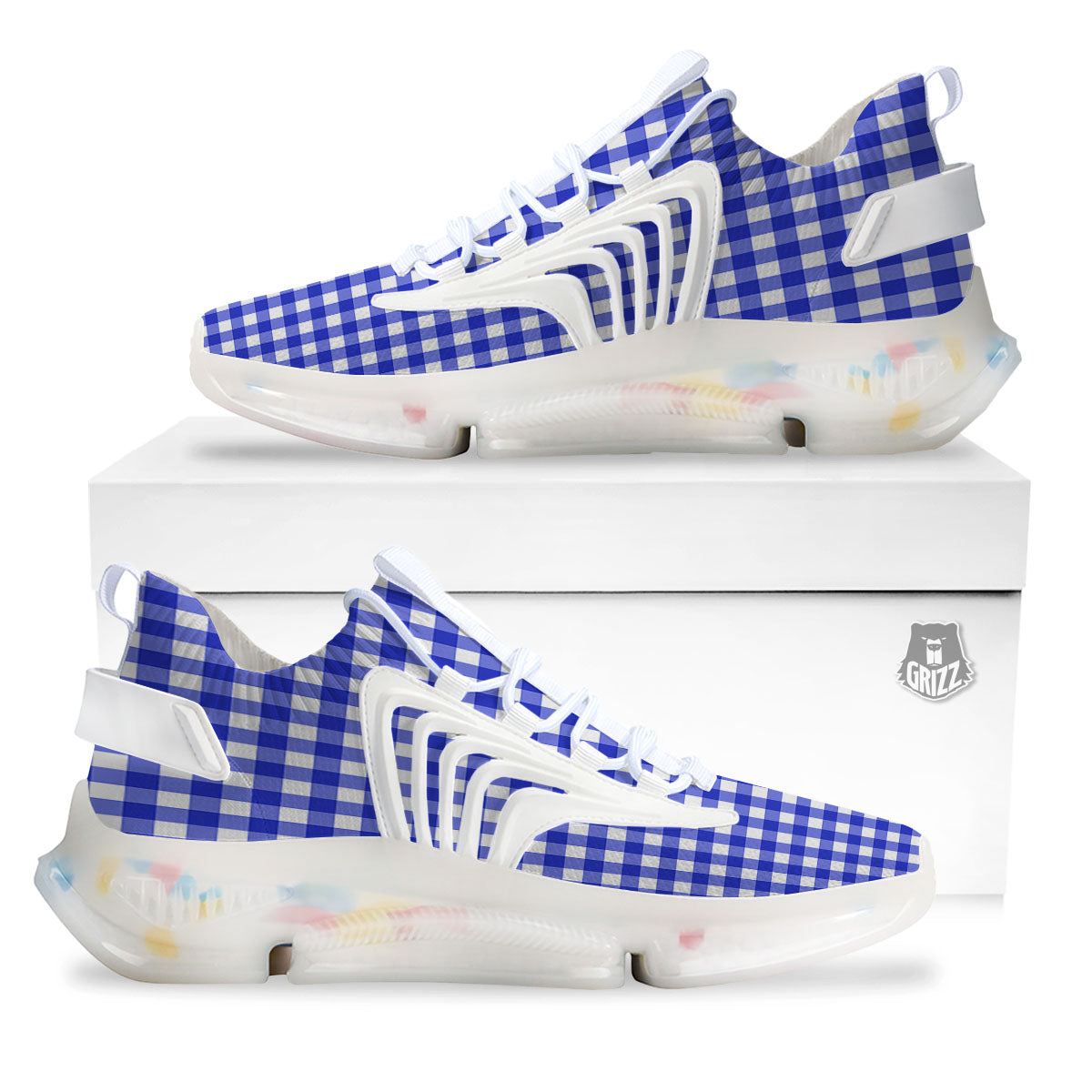 White And Blue Check Print Pattern White Gym Shoes-grizzshop