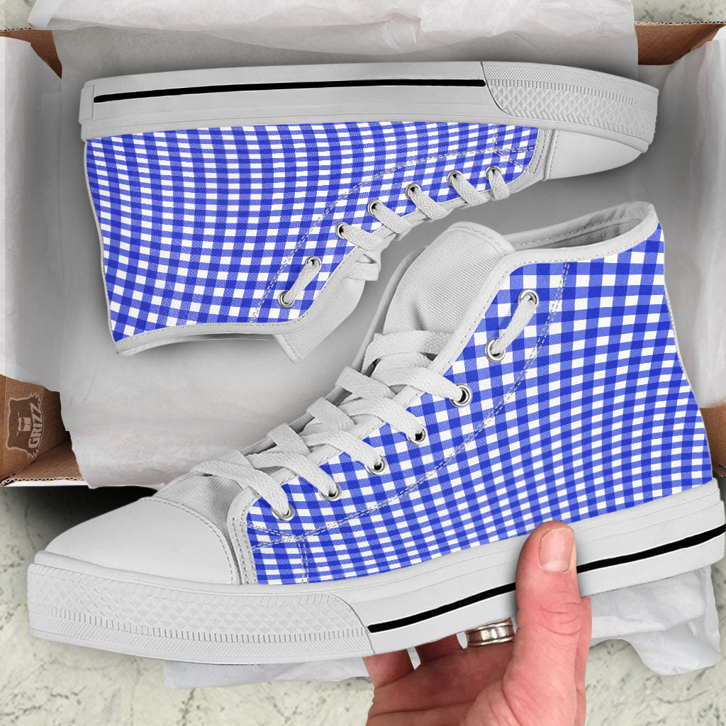 White And Blue Check Print Pattern White High Top Shoes-grizzshop